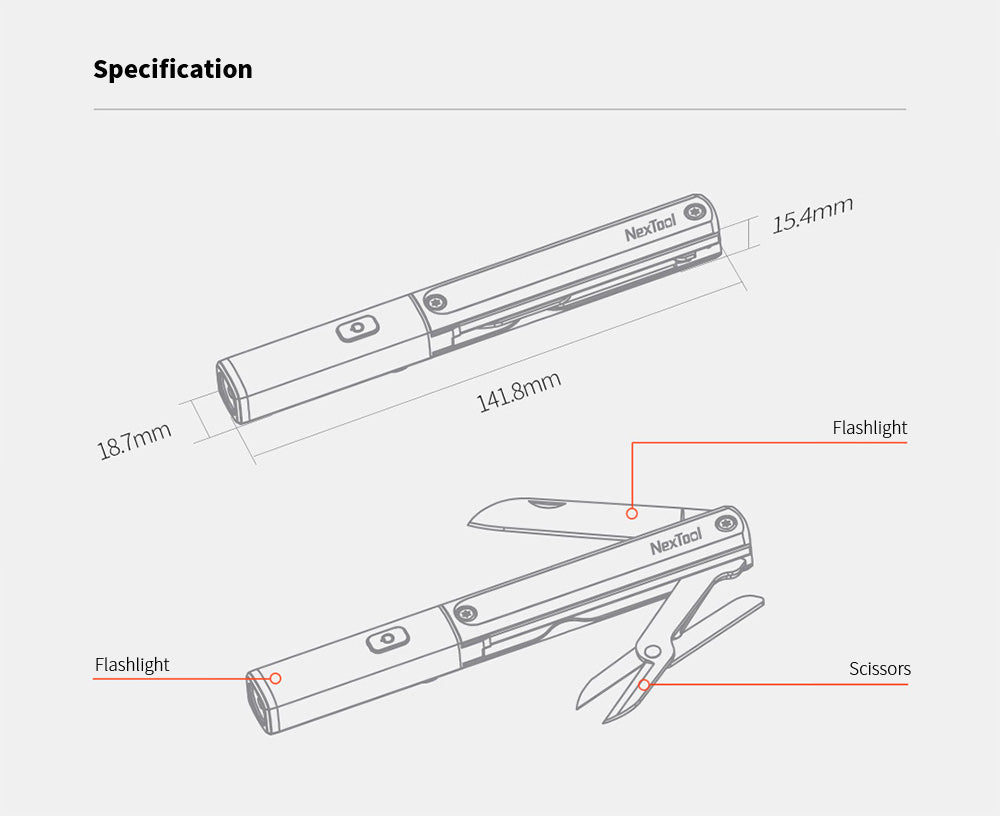 This multifunctional tool is a must-have item for your outdoor adventures. It's multifunctional, and can be perfect for so many different things around the house, office, or out in the wilderness. A convenient and compact way to keep all your essential tools handy. With a sleek luxury design, it contains a scissor, flashlight and knife. Be ready for anything. From the office to the camp, hunting or fishing, this simple-to-use tool is an essential item.