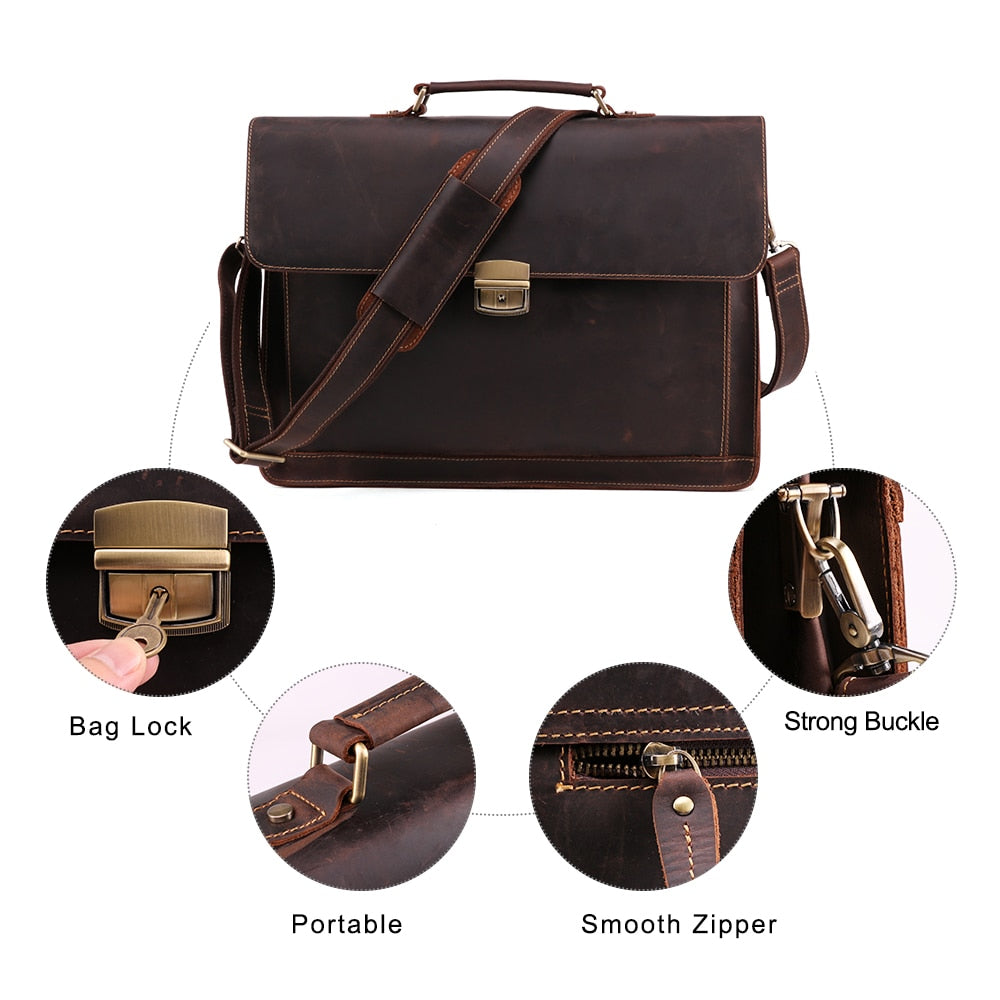 Genuine Leather Men's Briefcase Vintage Messenger Shoulder Bag