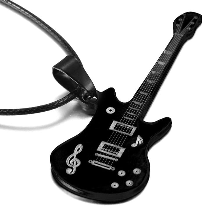 The perfect accessory for any music fan. This stainless steel guitar necklace is the perfect way to show off your musical obsession. This stainless steel guitar pendant is a sleek and stylish piece that can be worn casually or formally. This unique design is sure to turn heads. The chain is made from a soft leather that feels great against the skin. The chain is flexible so it can be worn around the neck or draped across the chest. This is a great gift for rock and roll fans and music lovers.