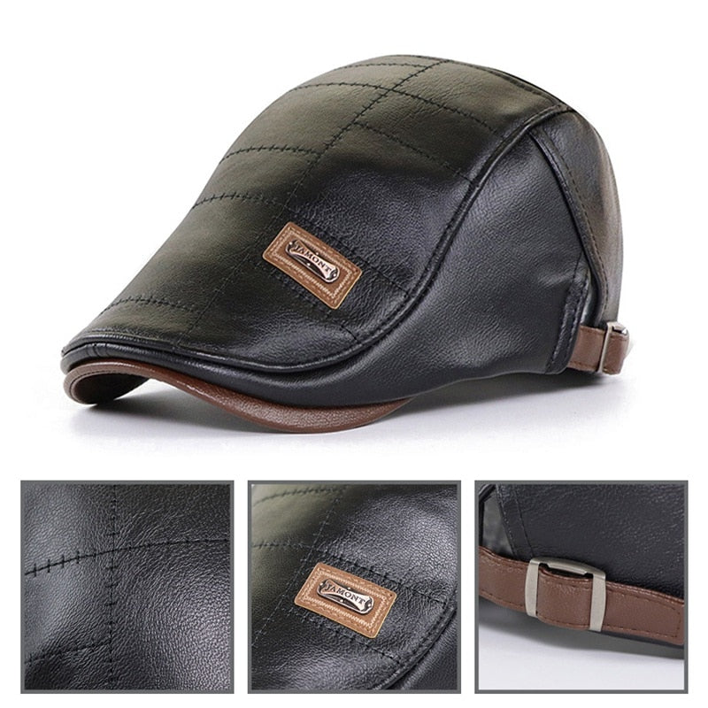 Men Beret Adjustable Leather Flat Cap