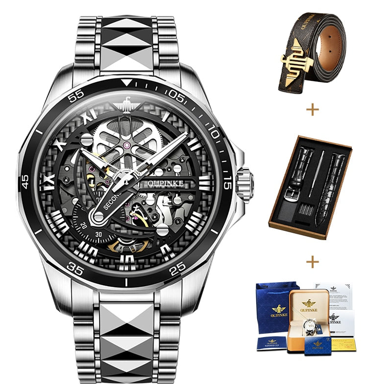 Luxury Swiss Men Automatic Mechanical Skeleton Wrist Watch