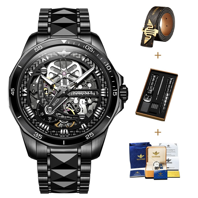 Luxury Swiss Men Automatic Mechanical Skeleton Wrist Watch